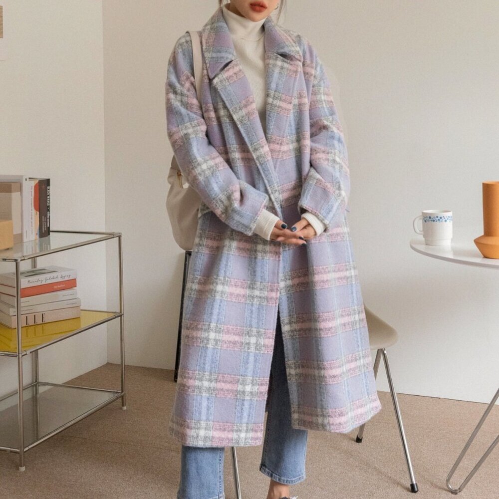 Multicolor Casual Plaid Women's Lapel Neck Single Button Overcoat Jacket